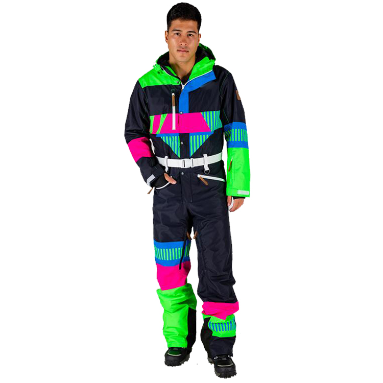 Contrast bright color digital printing overall one piece snowsuit ski jacket men