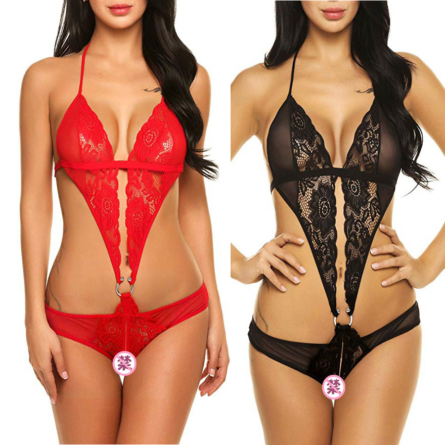 Women's Lingerie Teddy Deep V Lace Leopard Print Cross Cutout Back Sheer Valentine Bodysuit