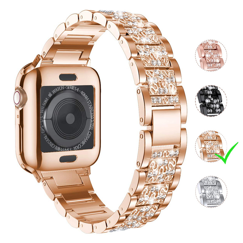 Женские модные дизайнерские блестящие Блеск диаманта bling три бусинки из нержавеющей стали ремешок для наручных часов Apple Watch