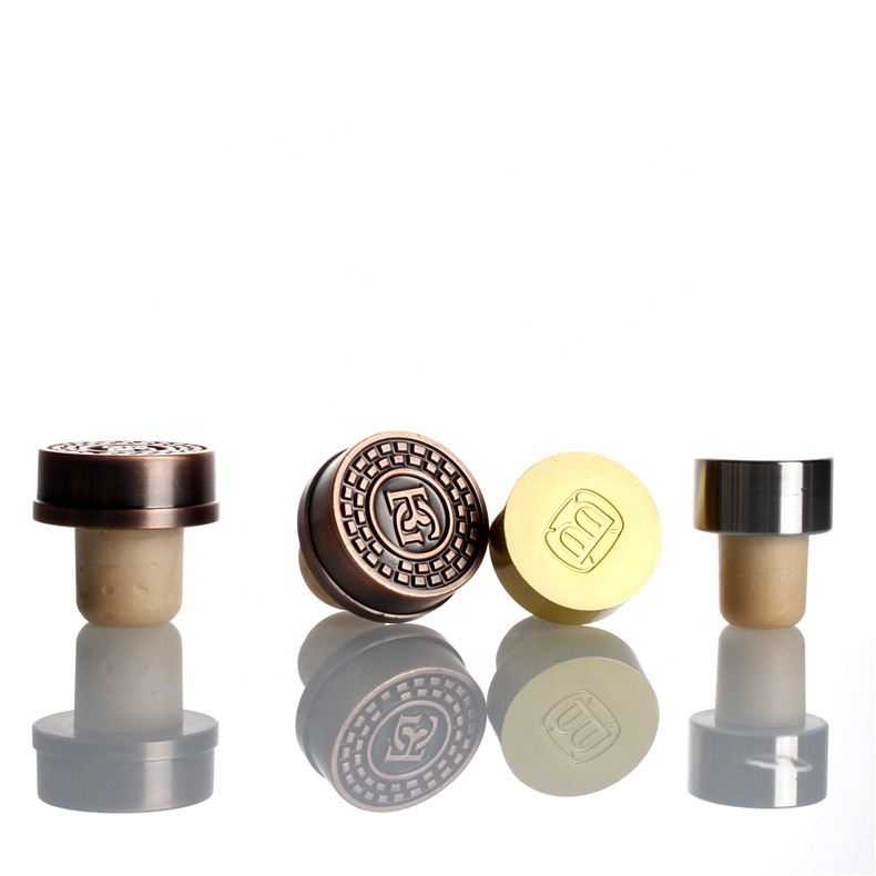 Customized luxury zinc alloy engraved top T shape alcohol tequila vodka gin synthetic bar top stopper liquor bottle cork cap
