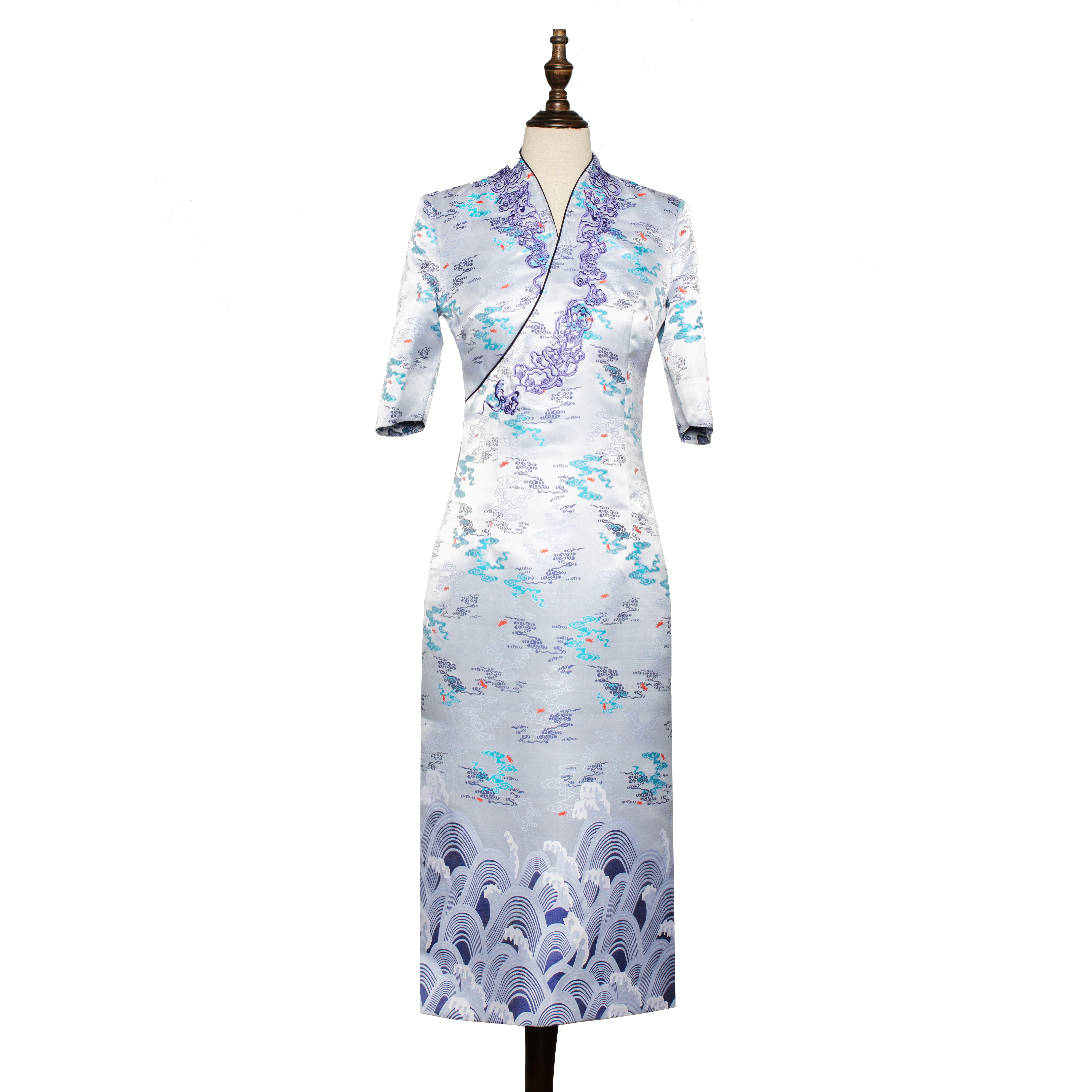 Chinese Traditional Cheongsam Long Qipao Dress Mandarin Collar Side Slit Clothing Costume Dress Chinese Restaurant Receptionist