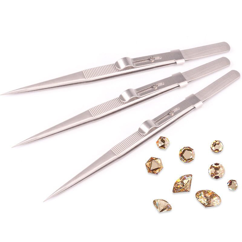 Stainless steel pointed diamond long clip tool with lock groove high quality jewelry tweezers