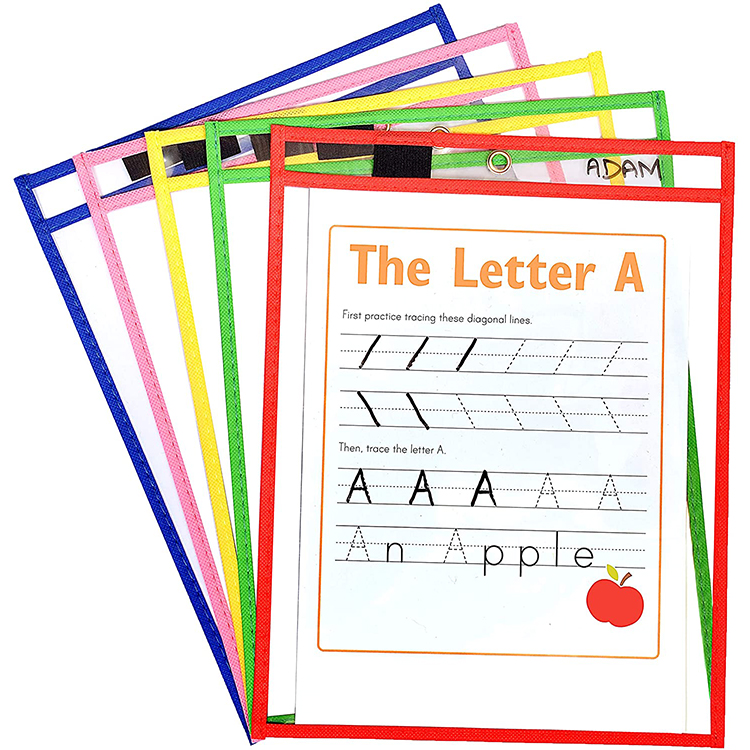 5PCS Colorful PVC PET Material kids educational writing practice dry erase pockets with Loop
