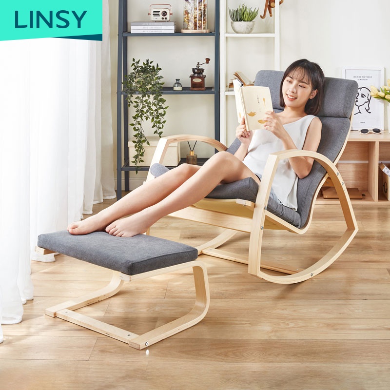 Linsy Bentwood Leisure Single Seater Beige Fabric Rocking Chair Living Room Modern Wooden Cushion Rocking Chair LS185Q1-A