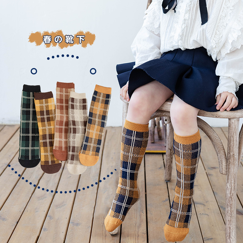 2021 spring summer new trending custom square plaid fashion unisex kids socks