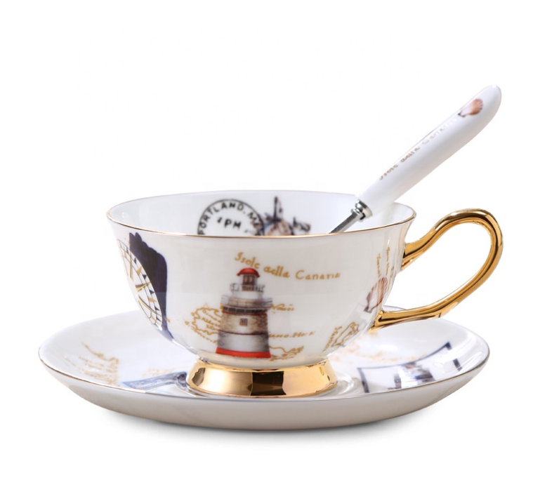 European Style Fine Bone China Ceramic Coffee Cups and Saucers Vintage Porcelain Tea Cups Set With Spoon