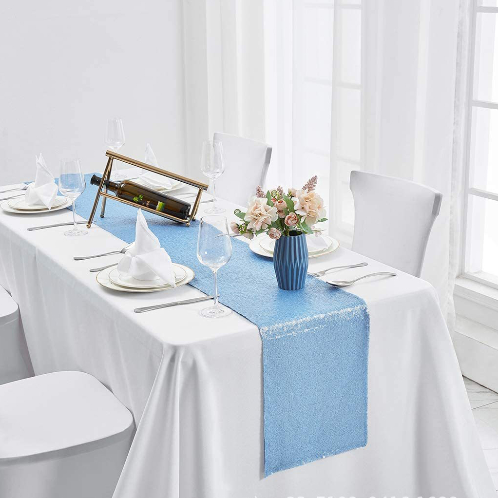 home hotel restaurant table decoration wholesale polyester light blue sequin runner for party wedding banquet event