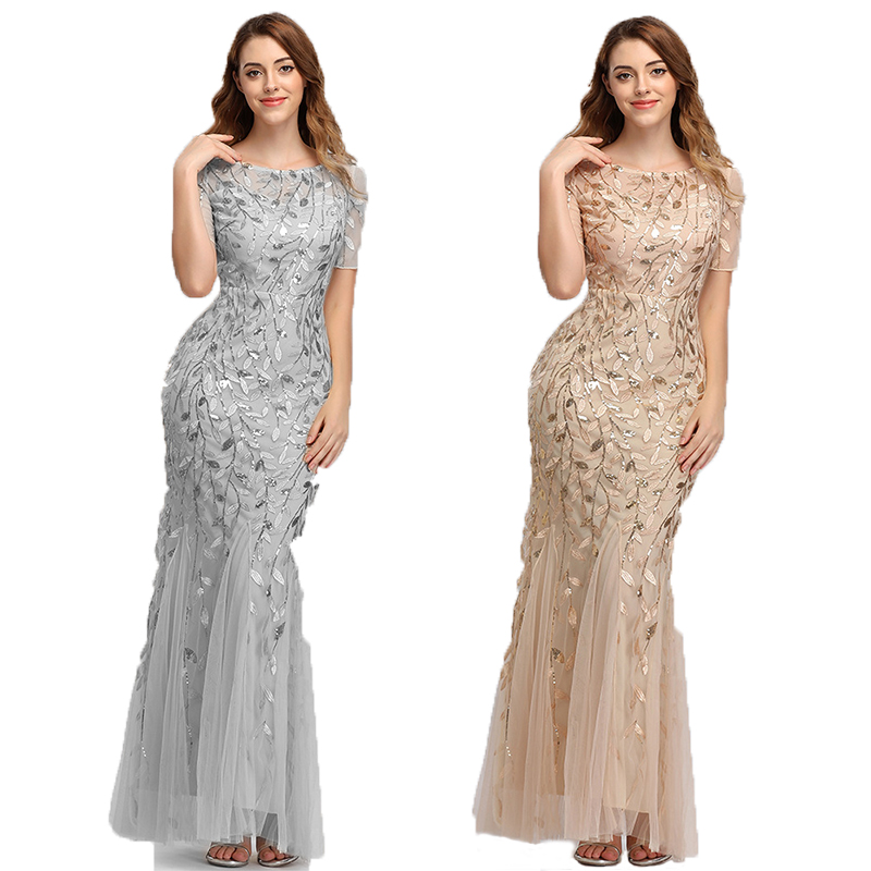 Elegant Dark Blue Women luxury formal dresses bridesmaid dresses wedding Short Sleeve sexy Party Maxi Sequin prom Dress