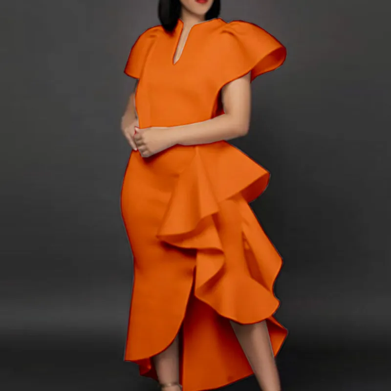 2022 Summer Latest Design V Neck Irregular Ruffle Women Evening Dress