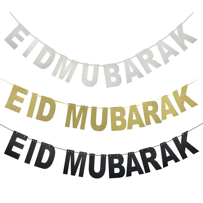 Eid Gold Glitter Paper Garland Muslim Islamic Eid Mubarak Banner For Eid Decoration