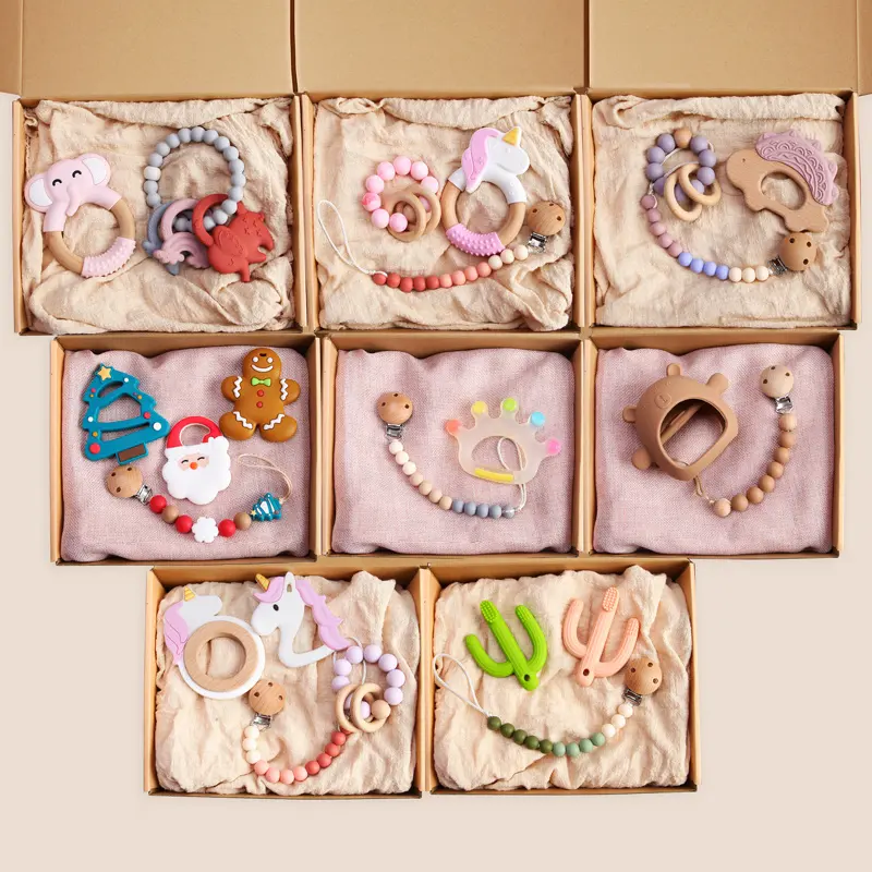 Wholesale Bpa Free Soft Natural Sensory Beads Animals Cartoon Baby Chew Toys Wooden Silicone Baby Teethers Set 2022