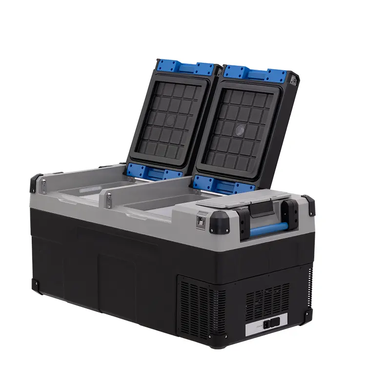 E75 12v Solar Portable Car Fridge 75L Dual Zone Two Lids Battery Fridge Freezer Refrigerator for Camping and Fishing