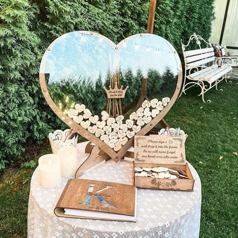 TC Luxury Wedding Decoration Acrylic Wedding Guest Book 60/80pcs Wooden Heart Guest Drop Box