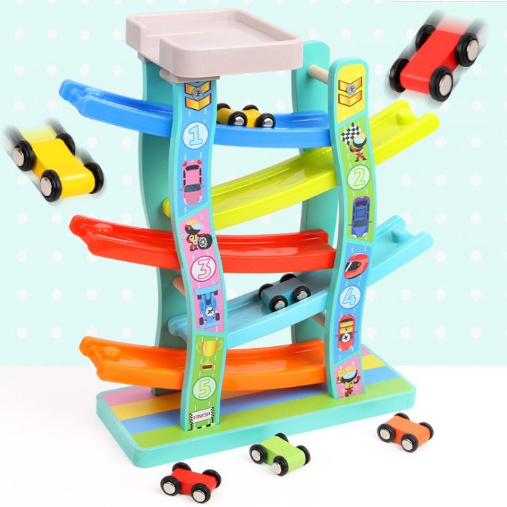 Wooden Early Education Tracks Ramp Car Toy Develop Colorful 4 Rails Gliding Car For Children