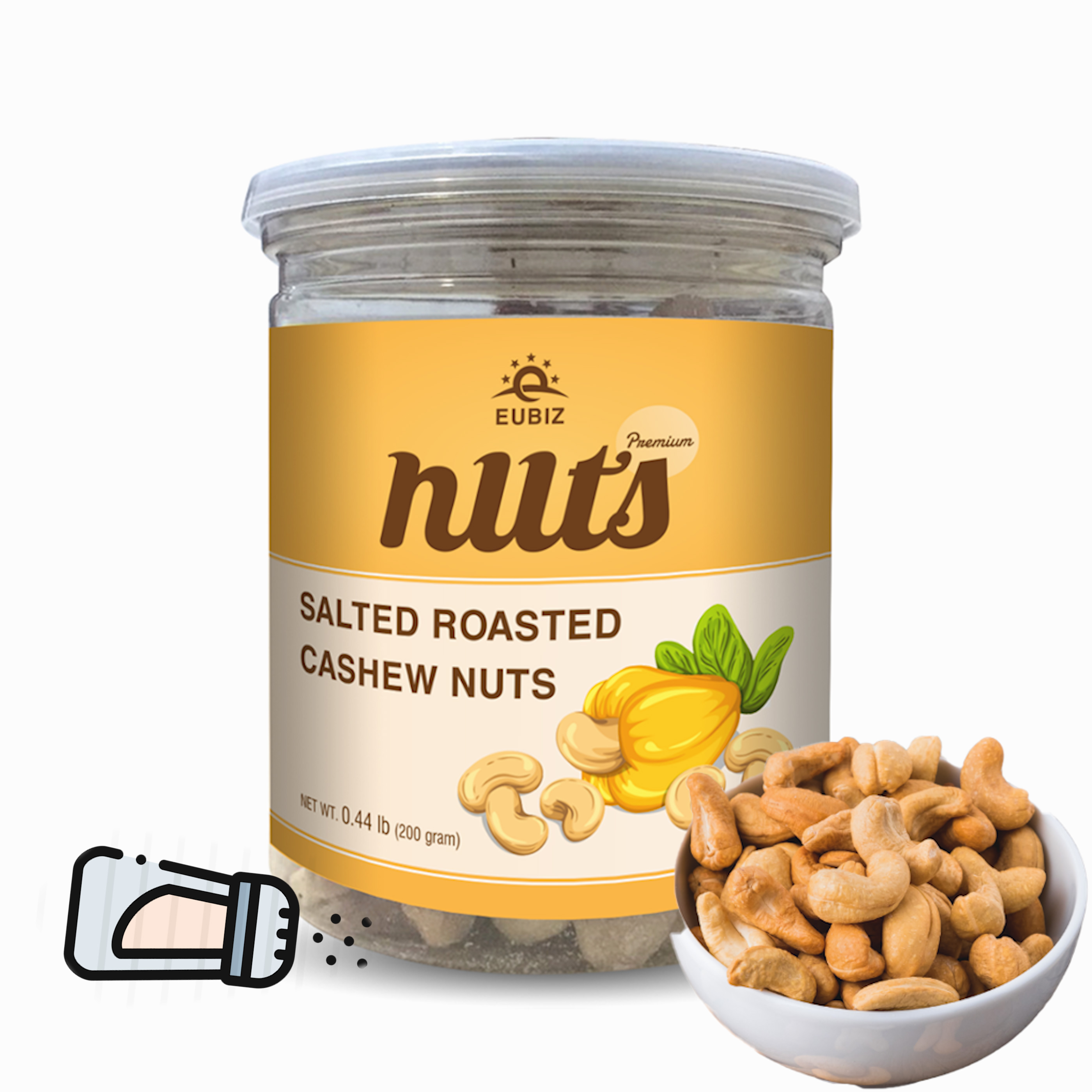 Cashew Nuts with Salted (200gr) - Eubiz - Made in Viet Nam - Box Plastic Cashew Nut Instant Roasted Yellow Dried 200g