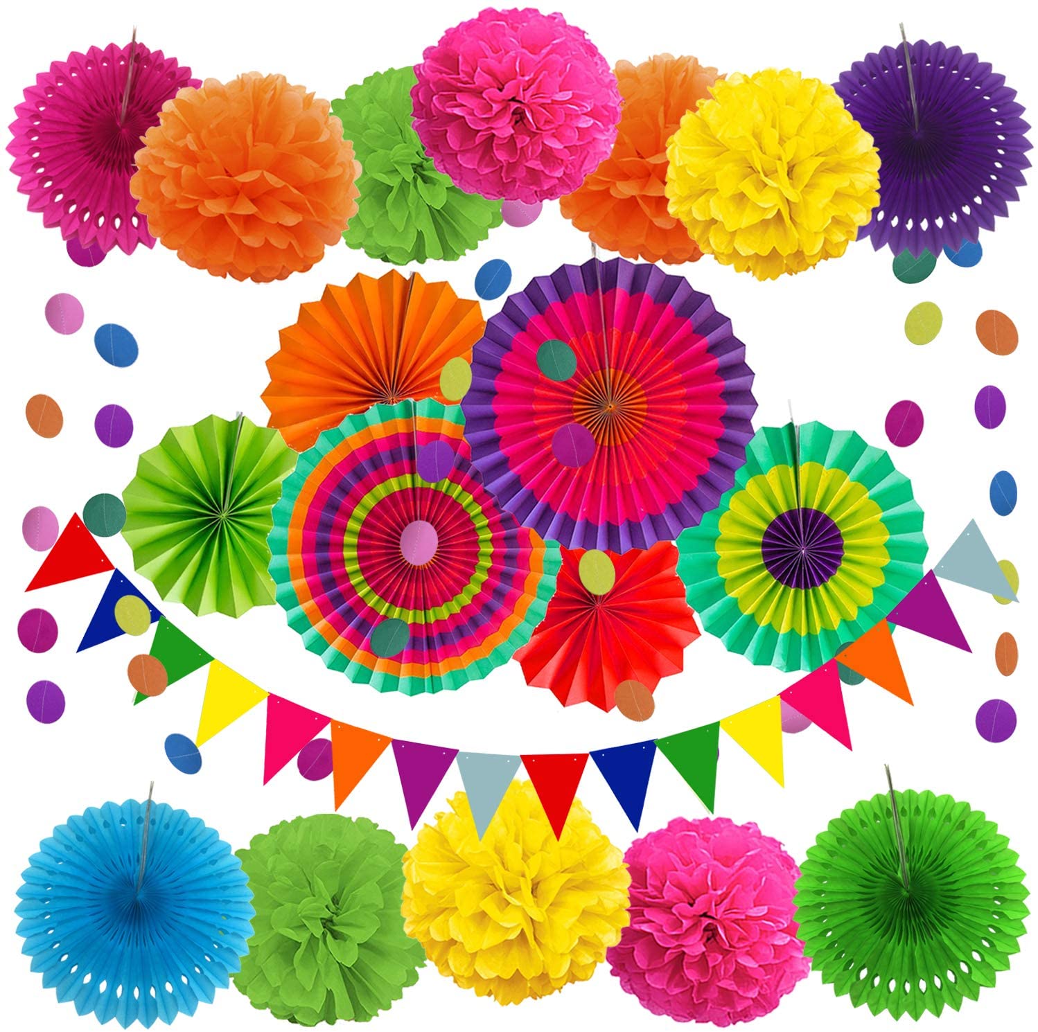 Party Decoration 21 Pcs Multi-color Hanging Paper Fans Pom Flowers Garlands String Polka Dot and Triangle Bunting Flags