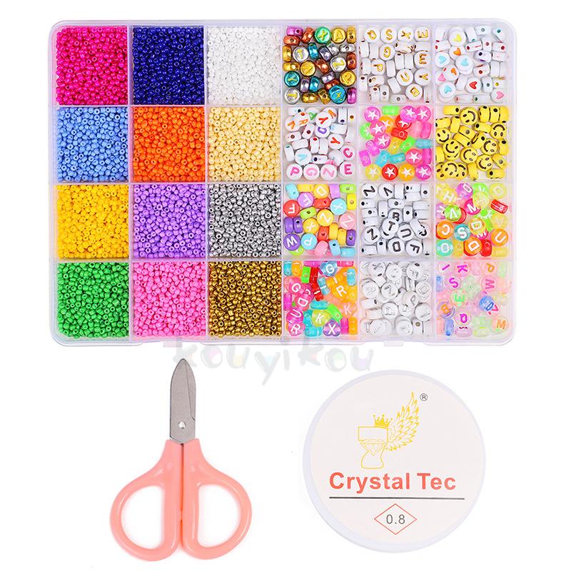 KOUYIKOU make up diy toy 28 Grid 3mm Glass Rice Beads Diy Beaded Bracelet Material Early Education Puzzle Letter Beads