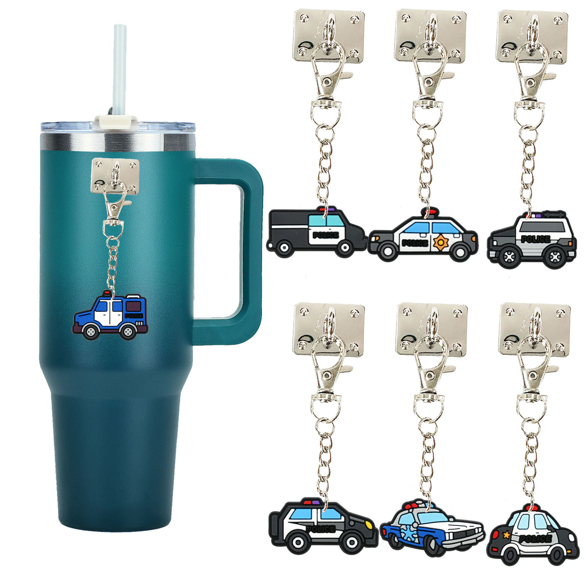 Custom PVC Police Car Water Bottle Tumbler Charms Cartoon Vehicles Accessories with Tag Drinkware Hook Bundle