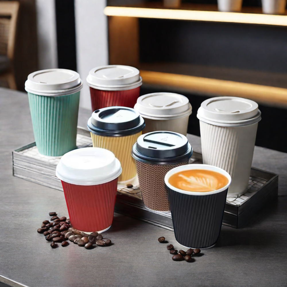 AT PACK 8Oz 12Oz 16Oz 20Oz Biodegradable Disposable Cafe Ethiopia Ripple Double Walled Paper Coffee Cups With Lids