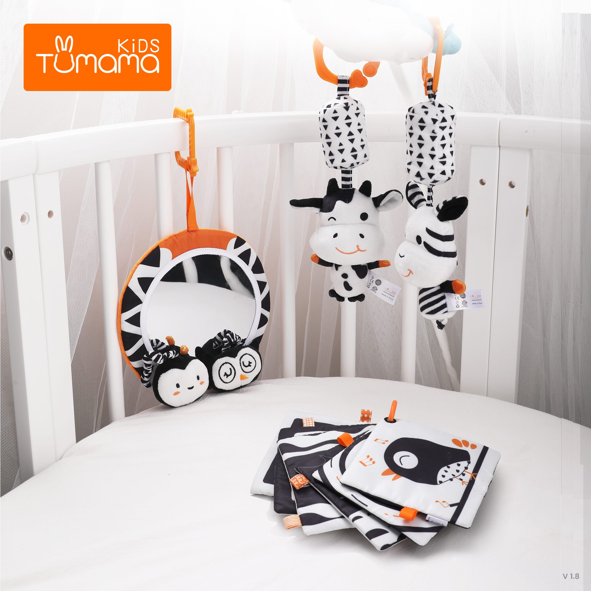 Tumama Black & White Animal Infant Plush Toy Soft Baby Rattle Stroller Hanging Toys With 1*Mirror 2* Hanging Rattles1*Cloth Book