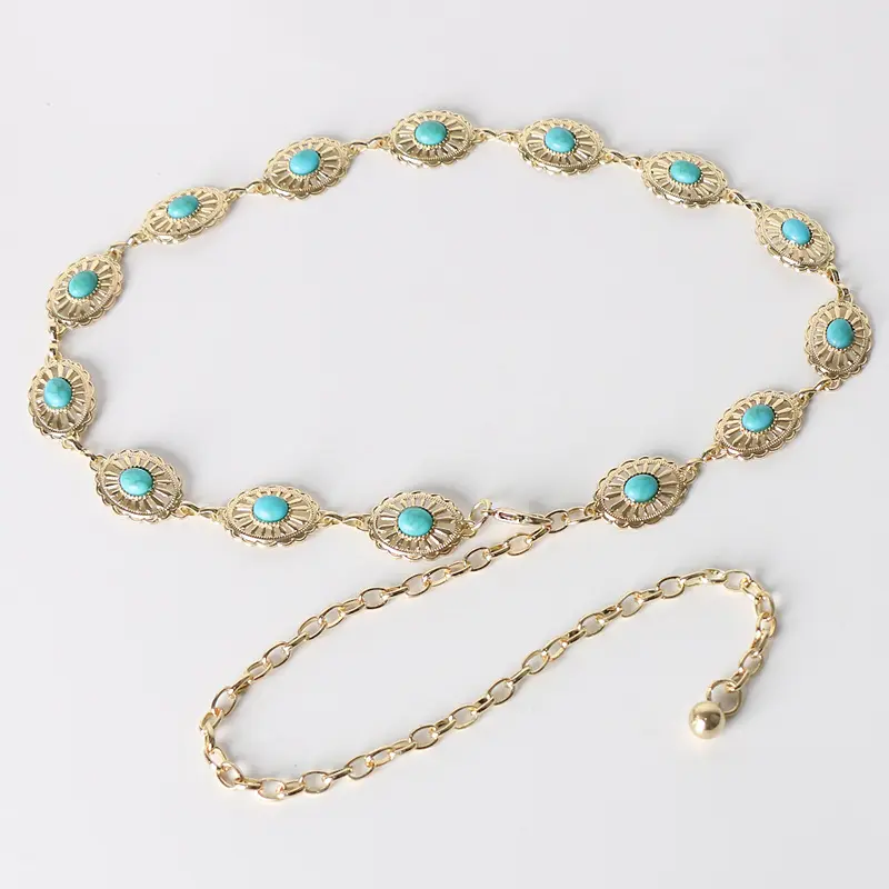 New Arrivals Fashion Accessories Golden Women Body Chain Belts Oval Turquoise Stone Lady Narrow Metal Retro Chain Belt
