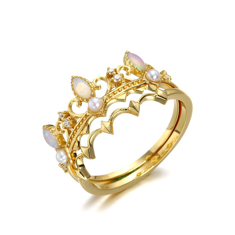 Hot Crown Authentic 9K Yellow Fine Jewelry Ladies Finger Royal Gold Ring Designs Two Pieces Sets Fast Delivery