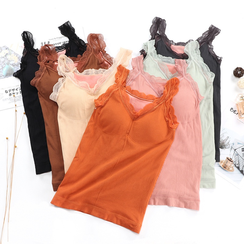 Ladies Cotton Vest For Winter Seamless Top Velvet Thickening For Women Sexy V-neck Lace Thermal Underwear