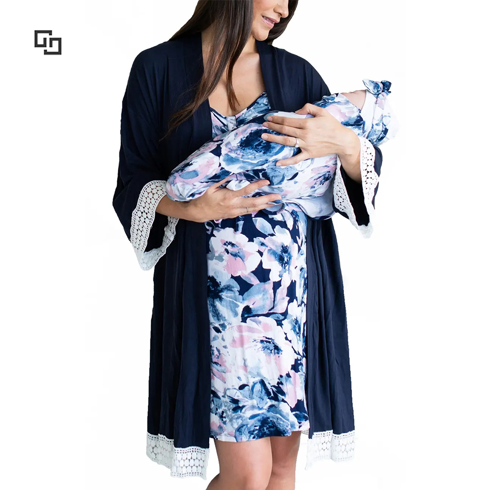 Mom and Me Baby Matching Nursing Rayon Floral Print Dress Blanket Robe Home Wear Maternity Pajamas Set