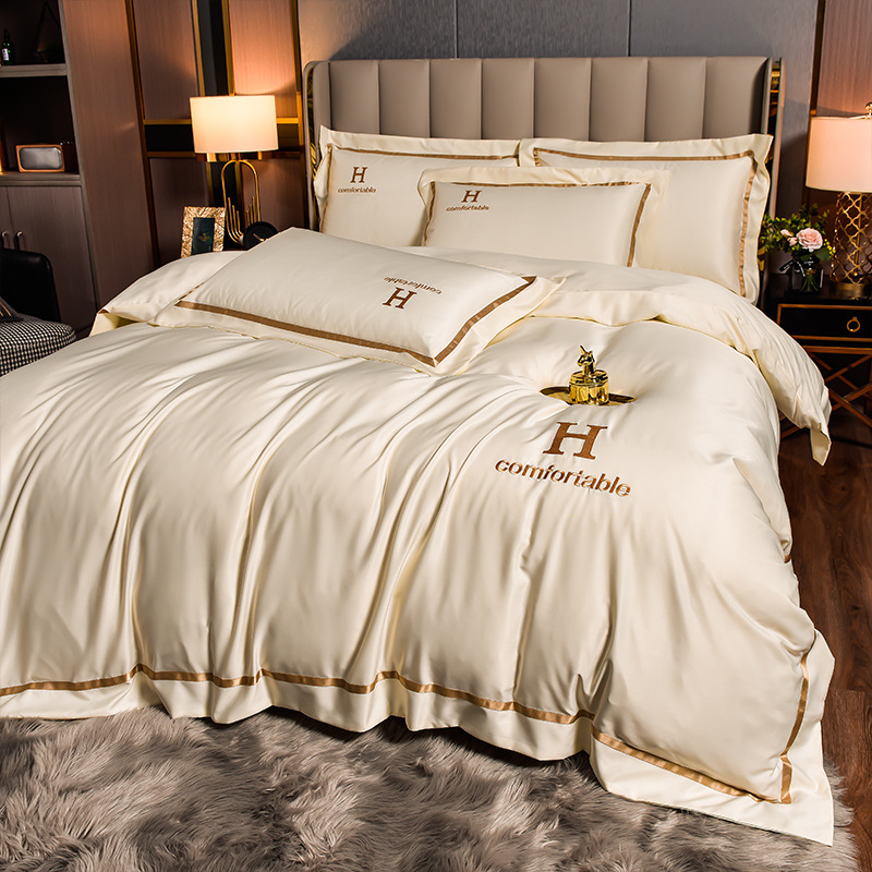 4pcs 5 star hilton comforter satin tencel fabric bedding set duvet cover luxury hotel silk bedsheet embroidery bedding sets