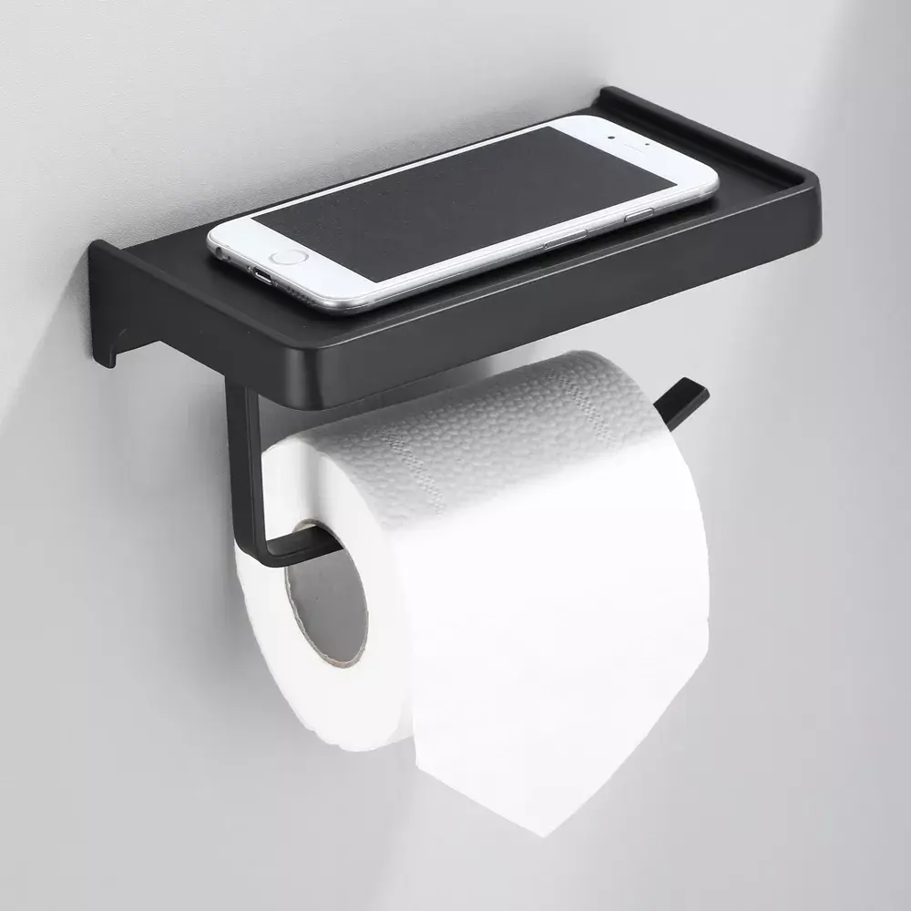Bathroom Toilet Roll Paper Holder Dispens No Drilling Wall Mounted Stainless Steel Self Adhesive Matte Black Toilet Paper Holder