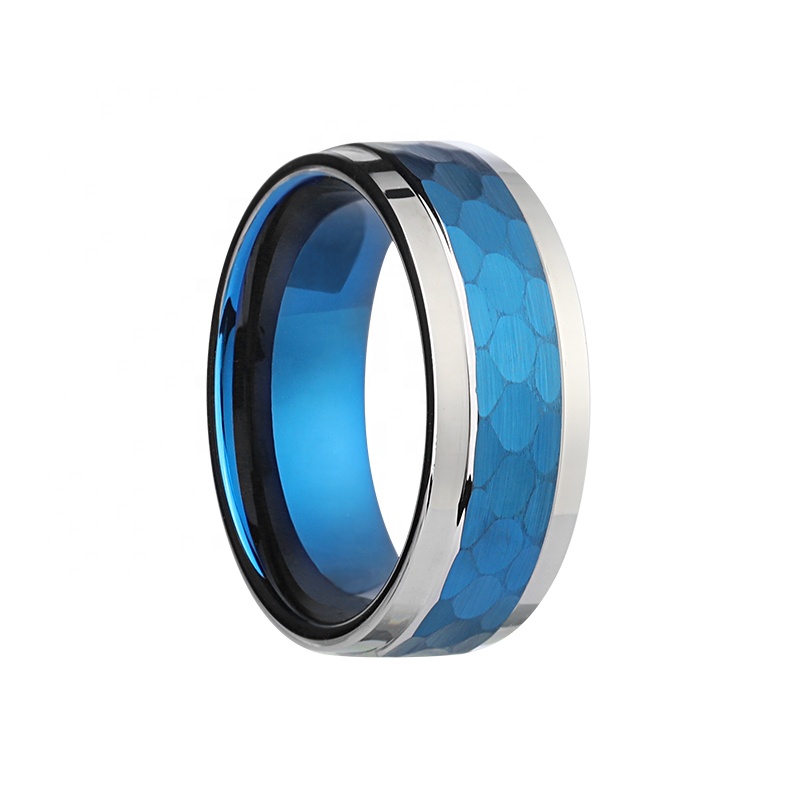 2021 XYS Hammered PVD Blue Plating Comfort Fit Tungsten Carbide Men Rings