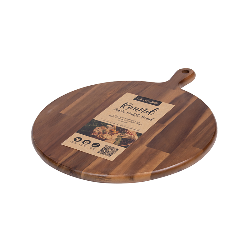 LINK LIFE Acacia Round Charcuterie Board 12'' Cutting Board Wooden Pizza Peel Cheese Paddle with Handle for Baking,Fruits,Bread