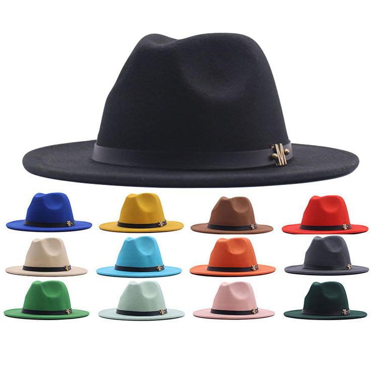Men Women 35% Polyester 65% Cotton Solid Color Fashion Fedora Hats with Metal Accessories