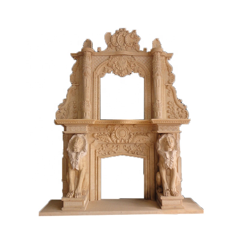 Natural stone Large overmantel marble fireplace mantel with lion
