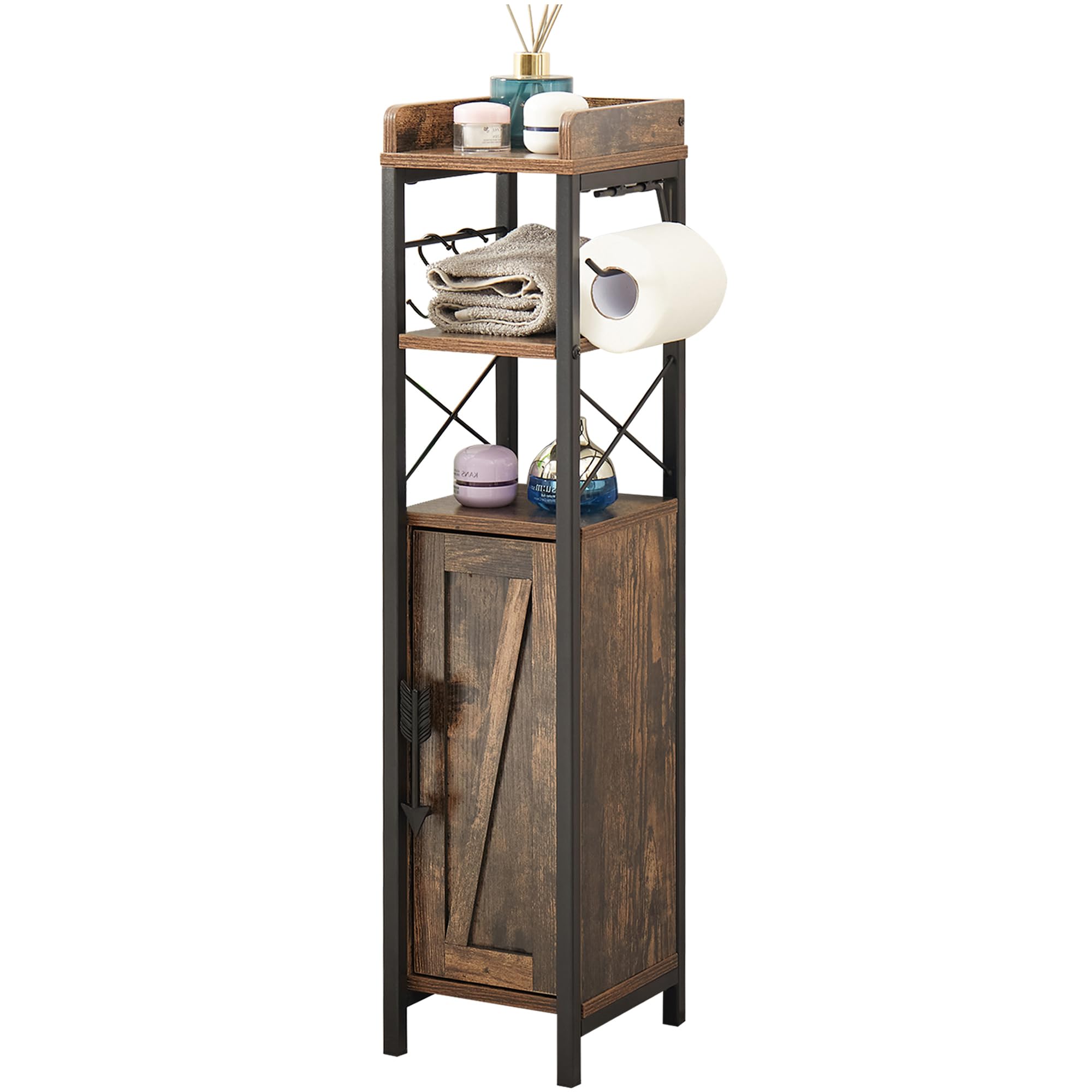 Small Cabinet Slim Toilet Paper Holder with Door&2 Shelves Metal Rack Storage Organizers