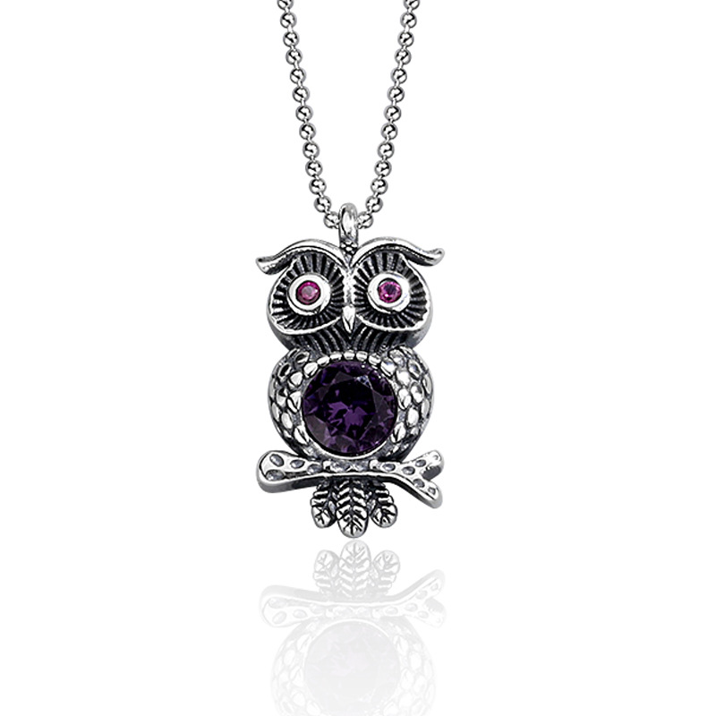 Daidan Necklace Animal Silver Necklace 925 Sterling Owl Vintage Pendant Purple Crystal Necklace