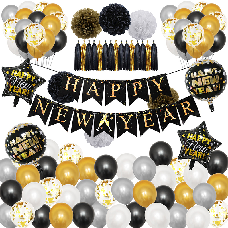 76pcs Happy New Year 2022 Decoration Set Foil Balloon Banner Paper Pompoms New Year Eve Party Supplies