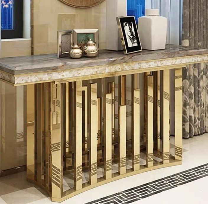Artistic design golden stainless steel base and marble top console table