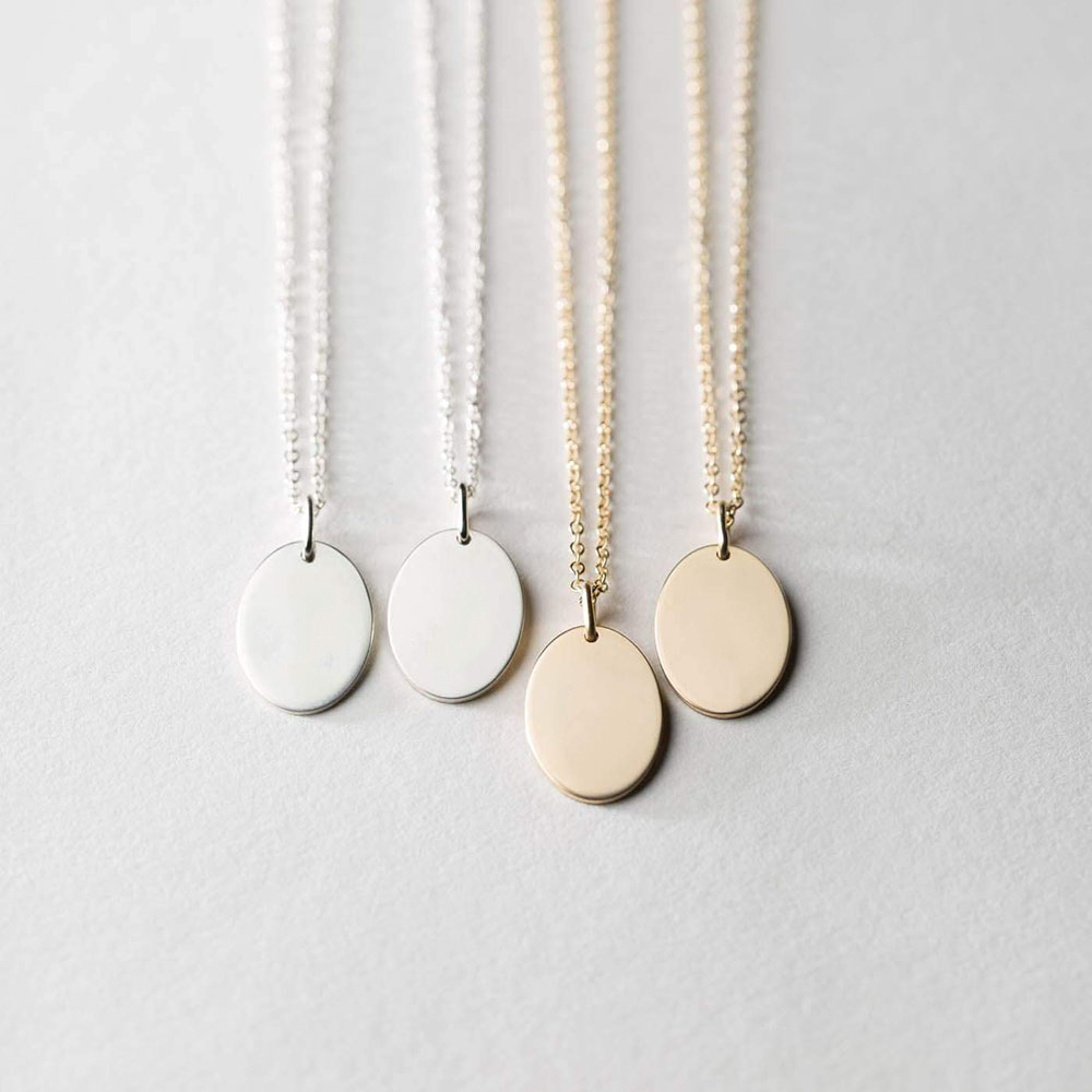 Simple Minimalist 316L Stainless Steel 9mm*13mm 14K Gold Plated Blank Oval Custom Engraved Necklace for Custom Logo
