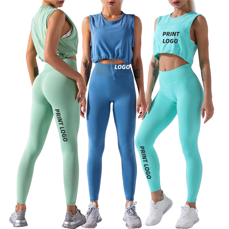 Новый дизайн многоцветный бесшовные Drawstring Crop Top 2 шт Activewear женский набор одежды для йоги