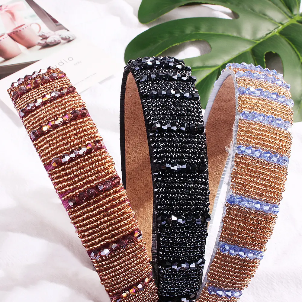 New Wholesale Korean Hair Beads Accessories For Girls Handmade Beaded Crystal Wide-Brimmed Headband
