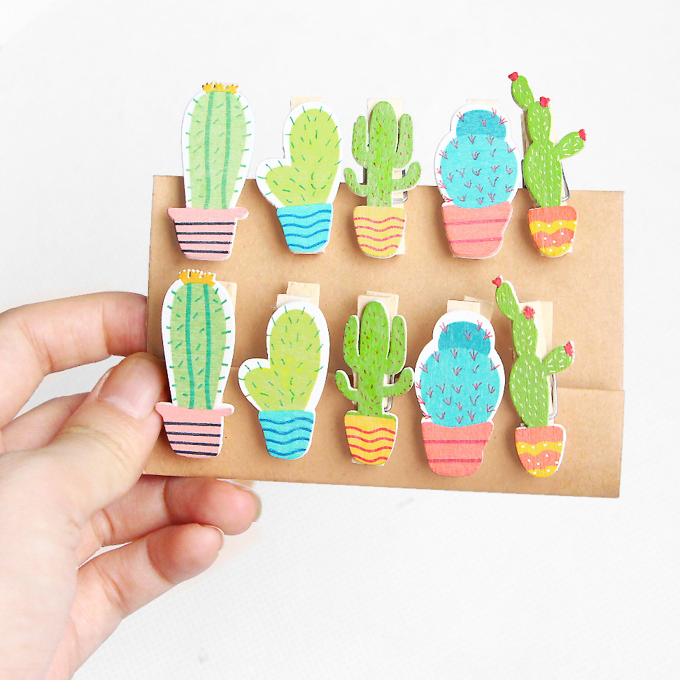 OEM custom cactus shape types of decorated colorful craft paper clip 35mm mini wooden clips
