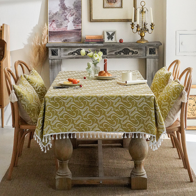 High quality three dimensional embroidered auspicious cloud tassel tablecloth jacquard dining table cover