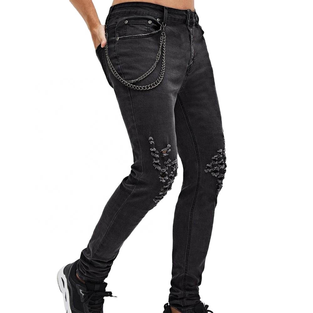 SKYKINGDOM 2021 men fashion jeans men's bikers jeans with waist chain black ripped jeans men