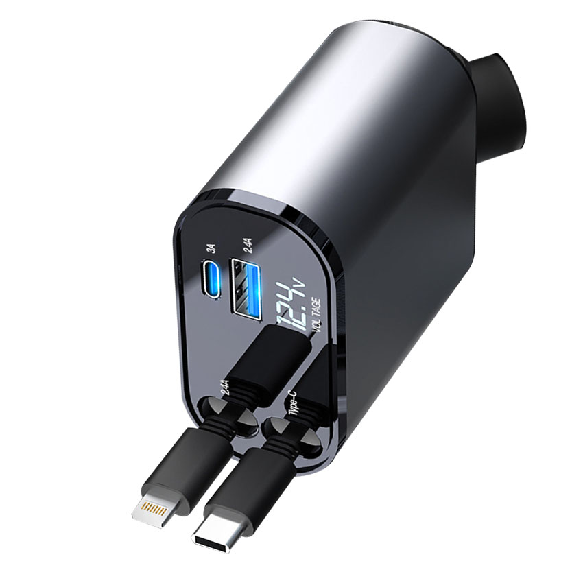 EU/AU/RU Stock Car Charger Multiuse Fast Charger Retractable Cables Phone Charger Fast Charging 60w 4 in 1 12V USB Type C 10-30V