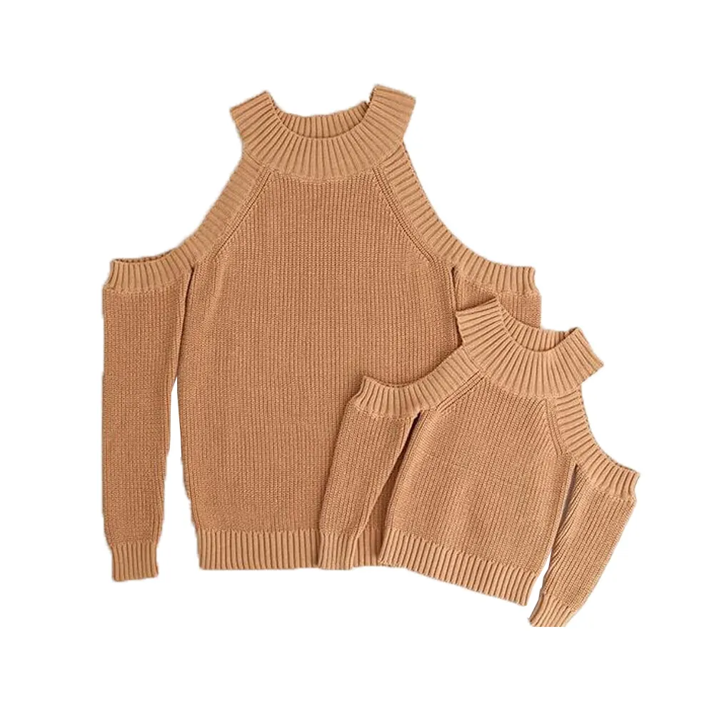 Fashion family matching mommy and me clothing off shoulder sweater long sleeve knitted wear set