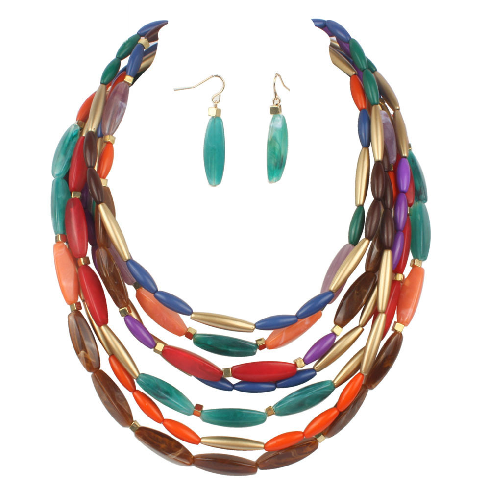 Superstarer exaggerated multi-layer two-tone color personality bead necklace hoop earrings jewelry set