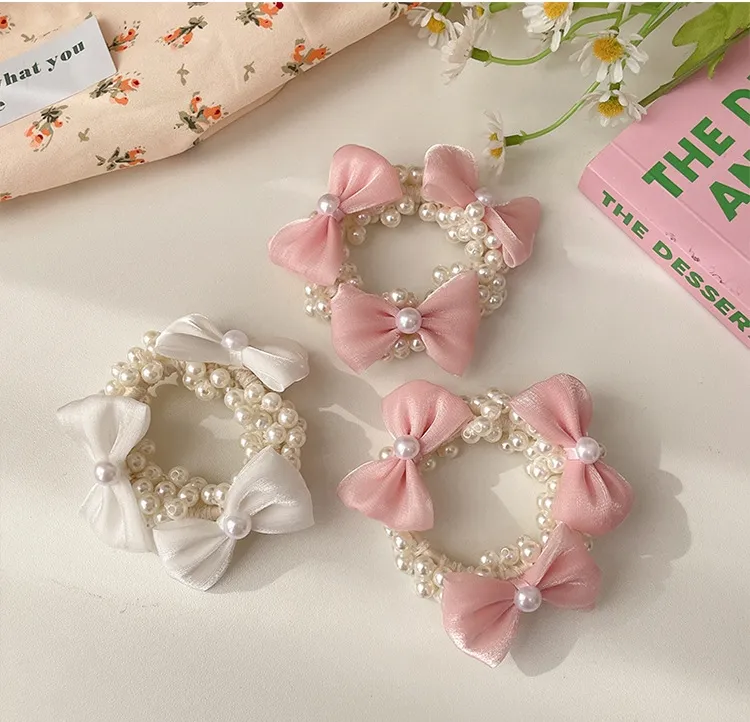 YiYi Wholesale Korean Popular Sweet Hair Scrunchies White Pearls Pink Organza Bows Elastic Hair Bands For Women