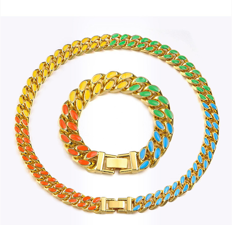 12mm color rainbow necklace drops of glue thick chain hip-punk Cuban chain men's and women's chain
