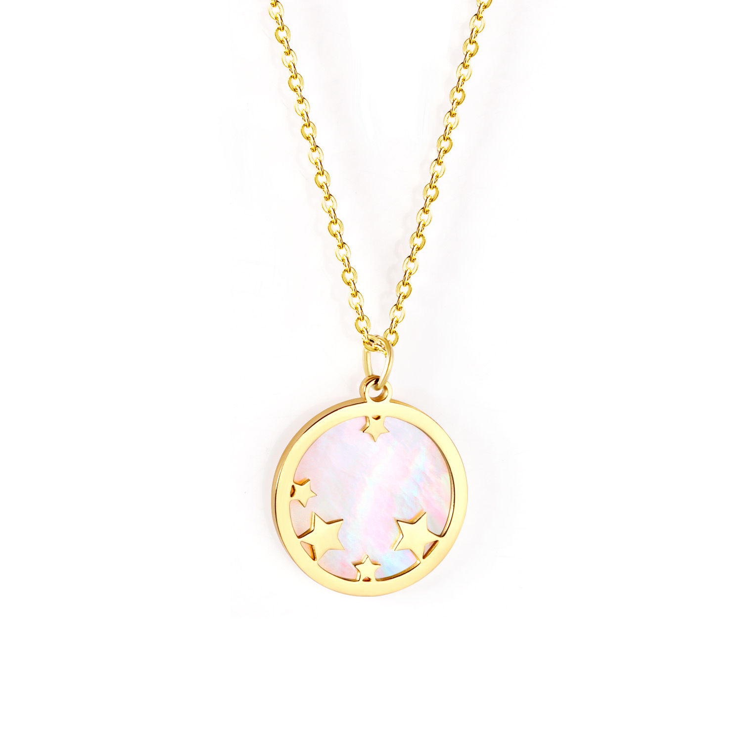Zooying Sweet Stainless Steel Star Pattern Shell Round Pendant Necklace Gold Thick Chain Necklace